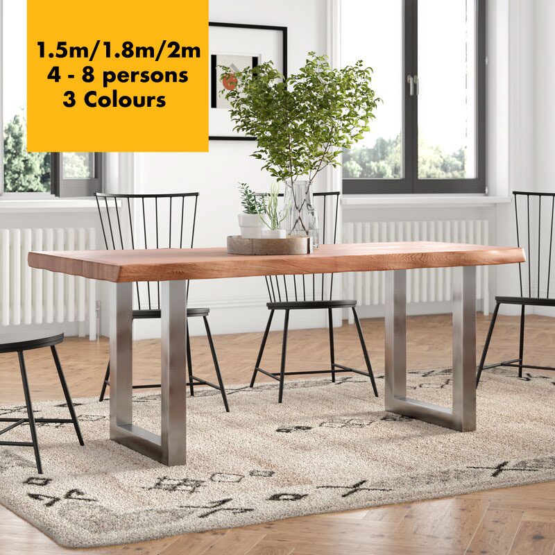 Rustic Industrial Dining Table Silver Metal Legs Chunky Solid Wooden Industrial Style Quirky Dining Kitchen Table Desk Counter Worktop 1.5m